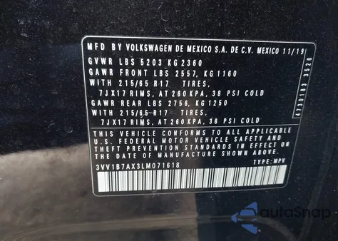 2020 Volkswagen Tiguan 2.0T S from USA, damaged, VIN 3VV1B7AX3LM071618